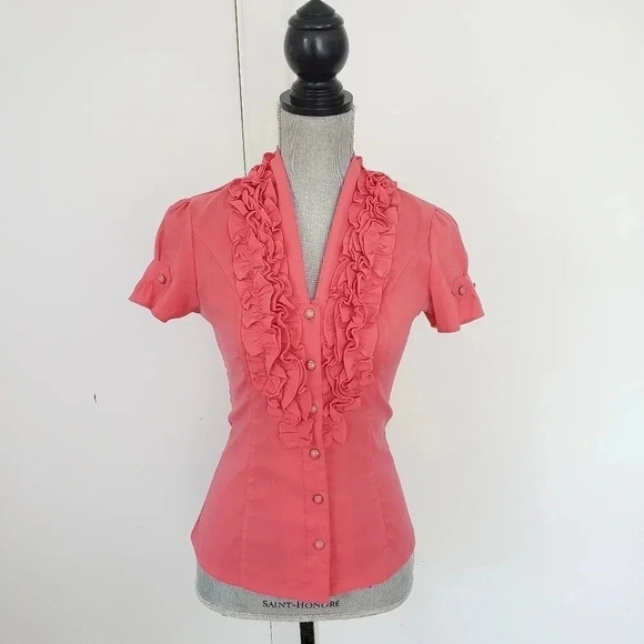 Tops - Womens Coral Pink Stretch Button Front Ruffle Flut